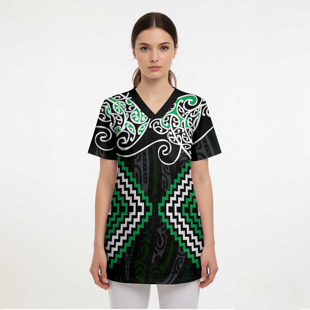 Green Aotearoa Tukutuku Manawa Tapu Scrub Top Ta Moko Toi Maori - Polynesian Pride