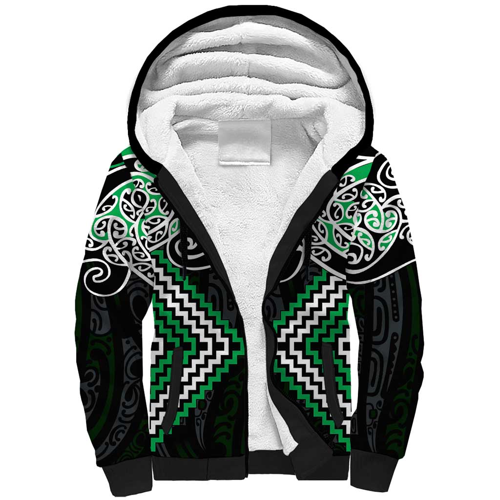 Green Aotearoa Tukutuku Manawa Tapu Sherpa Hoodie Ta Moko Toi Maori