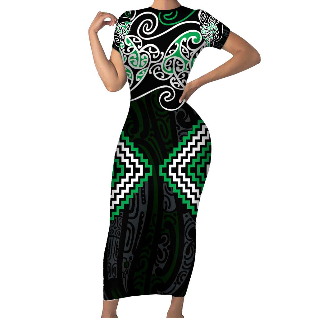 Green Aotearoa Tukutuku Manawa Tapu Short Sleeve Bodycon Dress Ta Moko Toi Maori