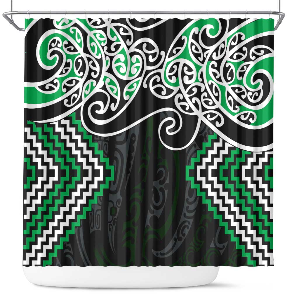 Green Aotearoa Tukutuku Manawa Tapu Shower Curtain Ta Moko Toi Maori