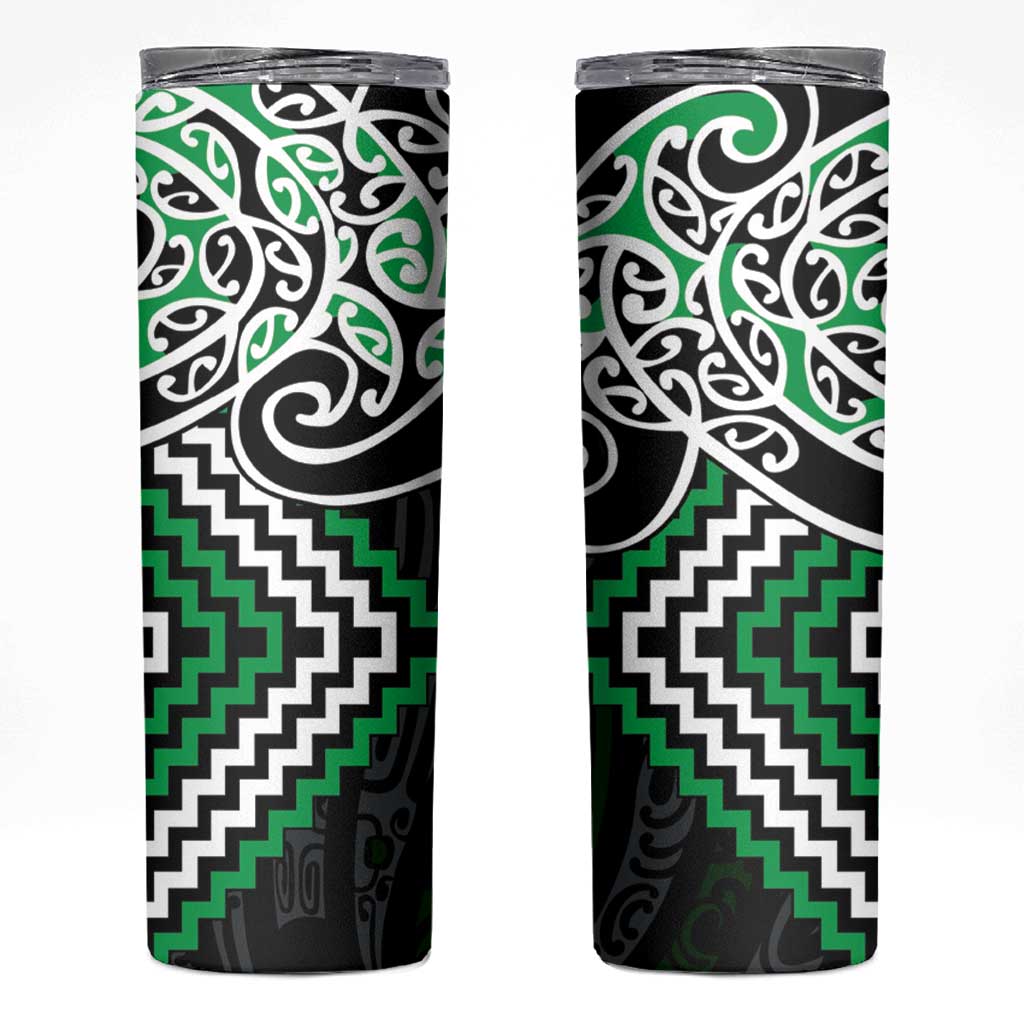 Green Aotearoa Tukutuku Manawa Tapu Skinny Tumbler Ta Moko Toi Maori