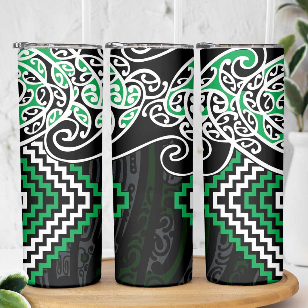 Green Aotearoa Tukutuku Manawa Tapu Skinny Tumbler Ta Moko Toi Maori LT9 - Polynesian Pride