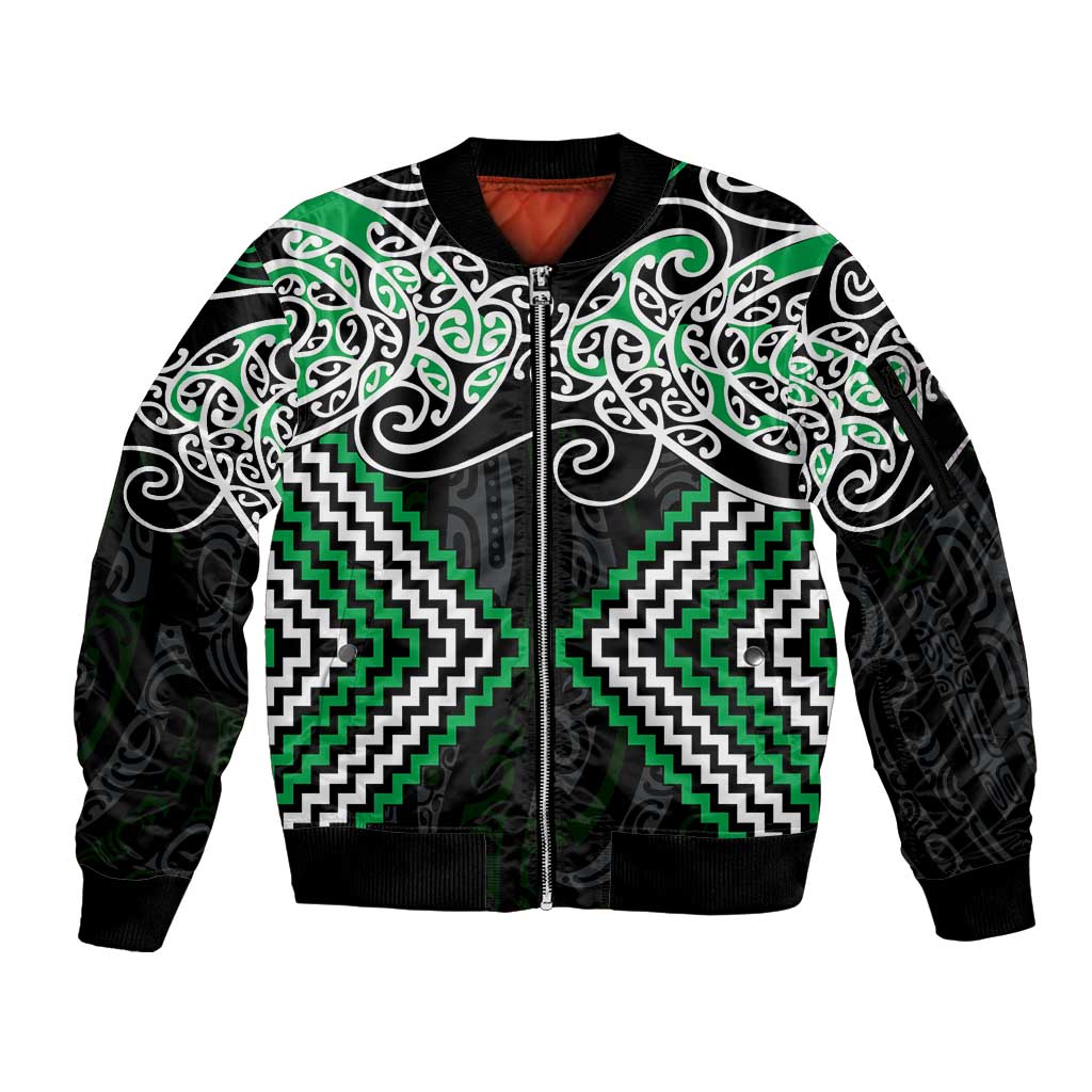 Green Aotearoa Tukutuku Manawa Tapu Sleeve Zip Bomber Jacket Ta Moko Toi Maori LT9 Unisex Green - Polynesian Pride