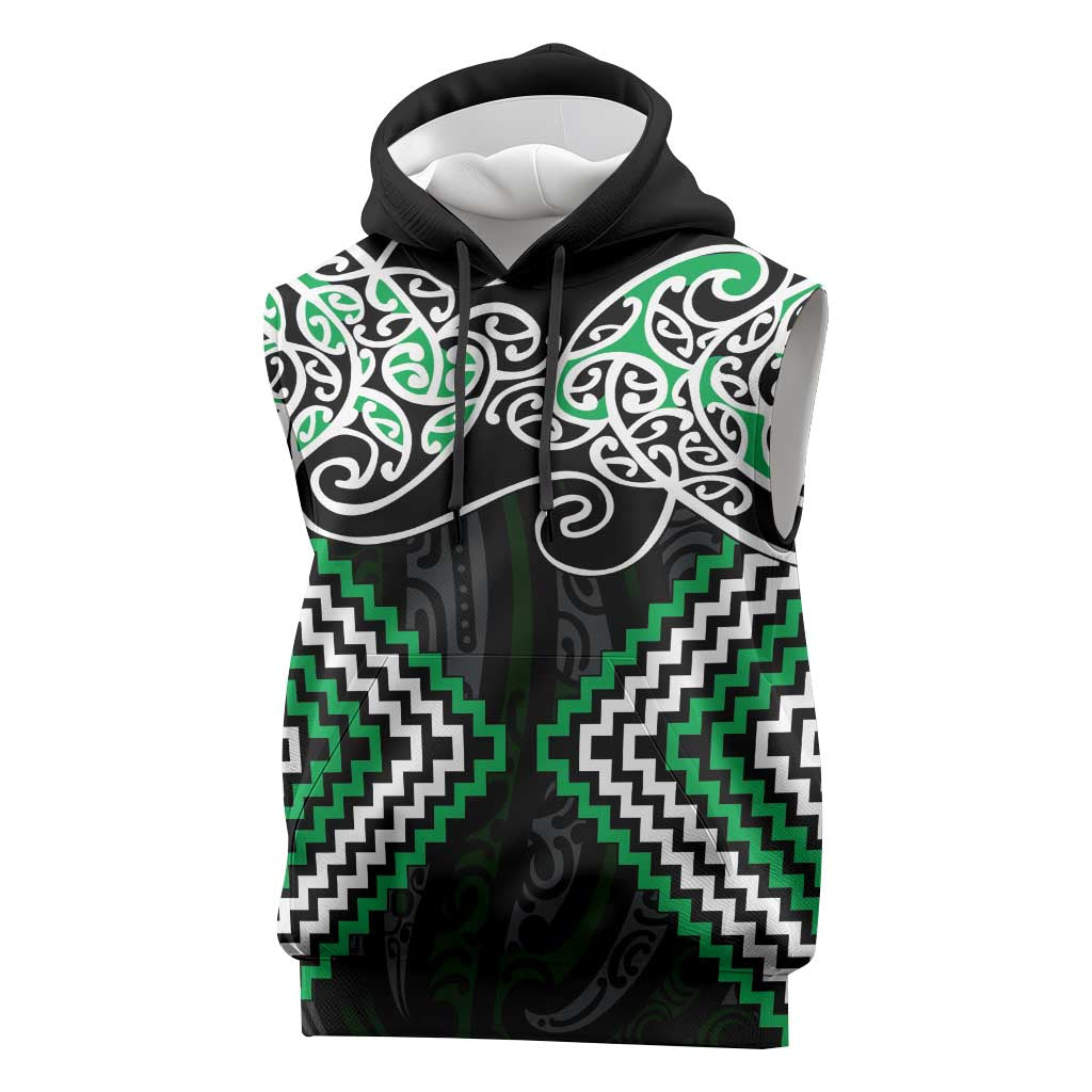 Green Aotearoa Tukutuku Manawa Tapu Sleeveless Hoodie Ta Moko Toi Maori - Polynesian Pride