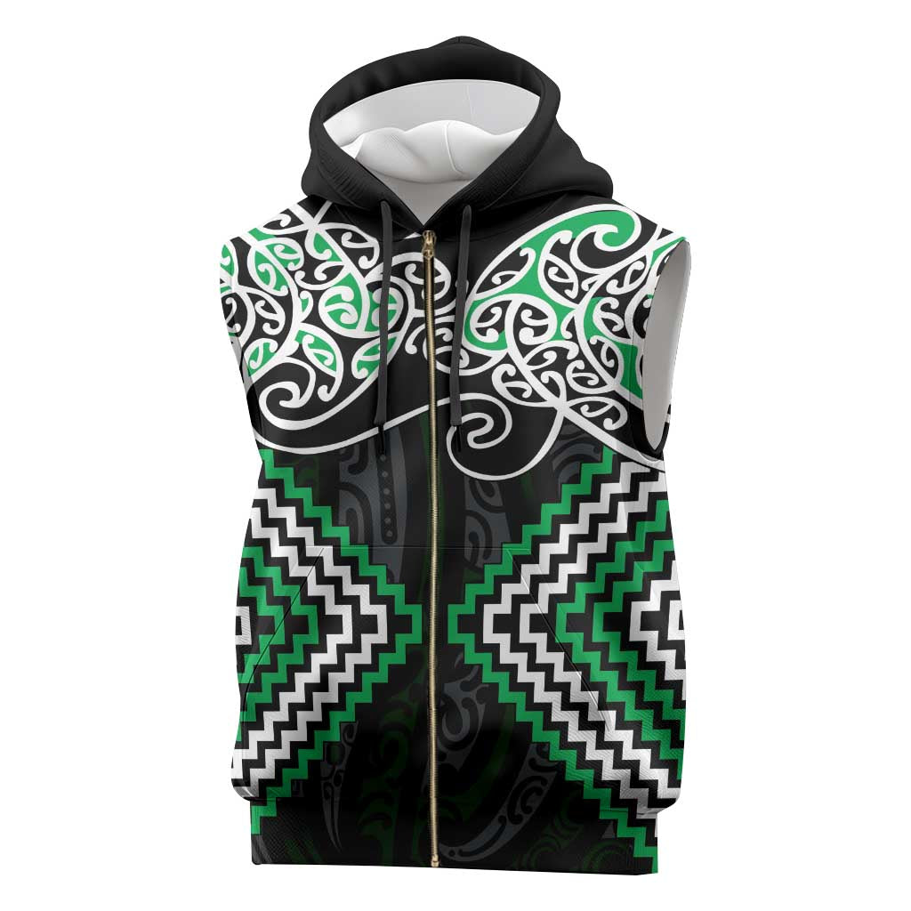 Green Aotearoa Tukutuku Manawa Tapu Sleeveless Zip Hoodie Ta Moko Toi Maori - Polynesian Pride