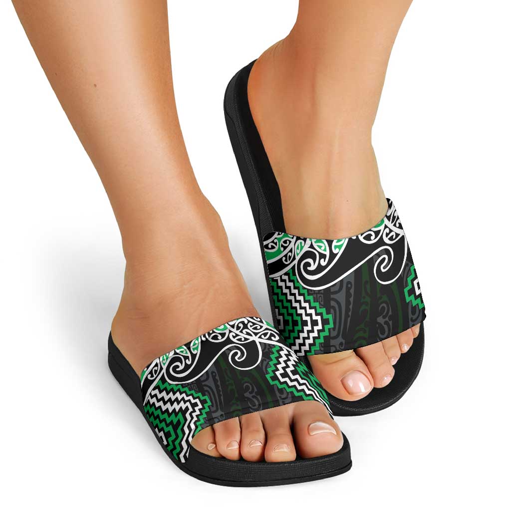 Green Aotearoa Tukutuku Manawa Tapu Slide Sandals Ta Moko Toi Maori - Polynesian Pride