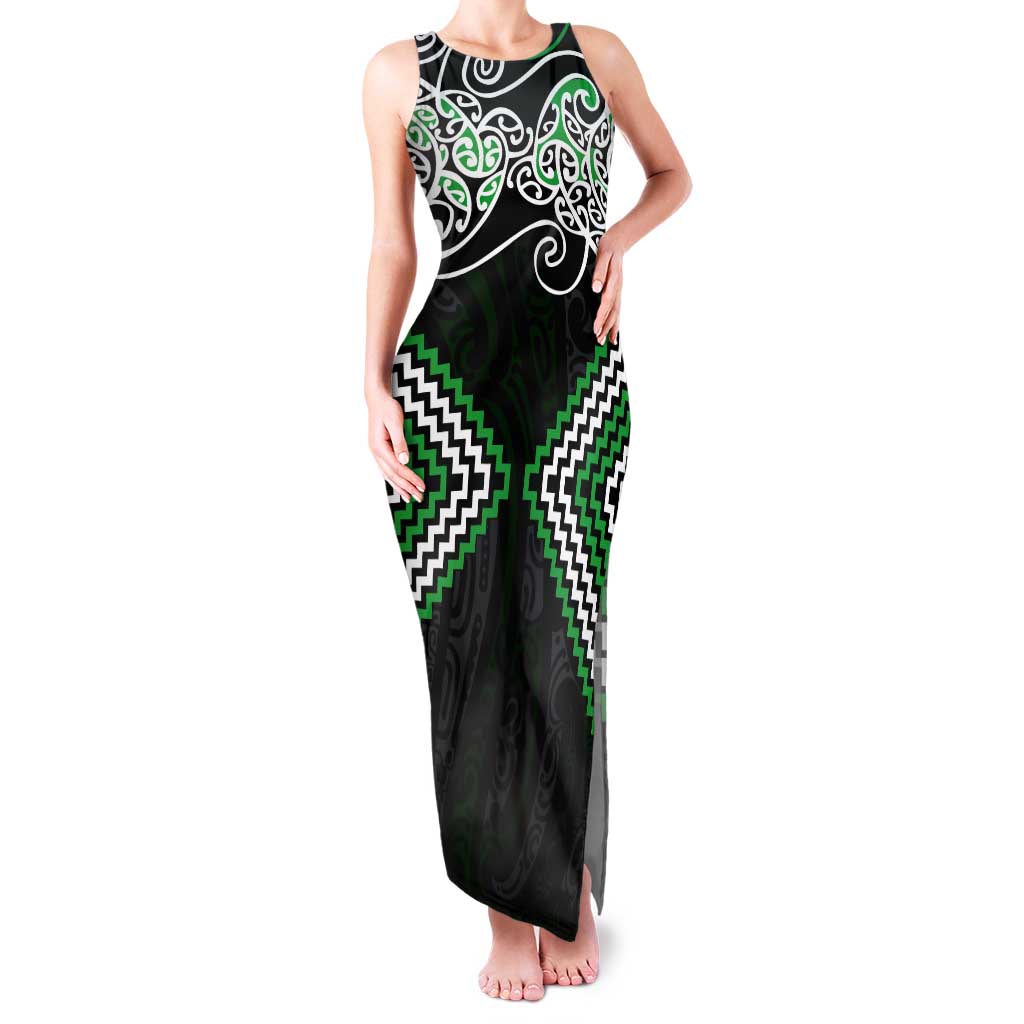 Green Aotearoa Tukutuku Manawa Tapu Tank Maxi Dress Ta Moko Toi Maori