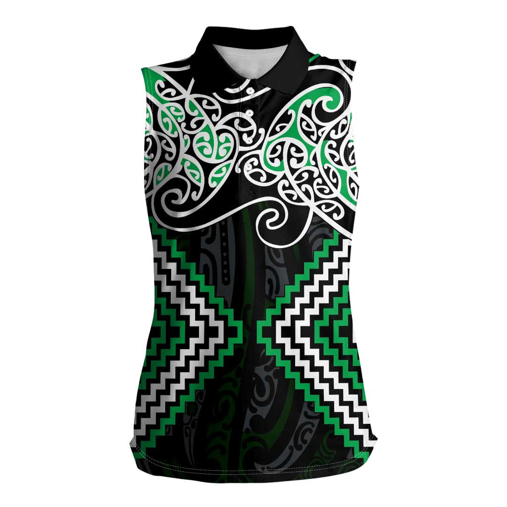 Green Aotearoa Tukutuku Manawa Tapu Women Sleeveless Polo Shirt Ta Moko Toi Maori