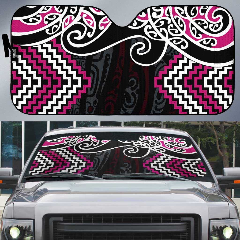 Pink Aotearoa Tukutuku Manawa Tapu Auto Sun Shade Ta Moko Toi Maori LT9 Pink - Polynesian Pride