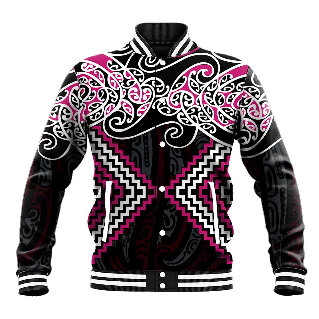 Pink Aotearoa Tukutuku Manawa Tapu Baseball Jacket Ta Moko Toi Maori