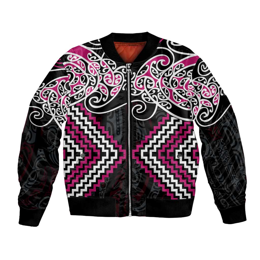 Pink Aotearoa Tukutuku Manawa Tapu Bomber Jacket Ta Moko Toi Maori