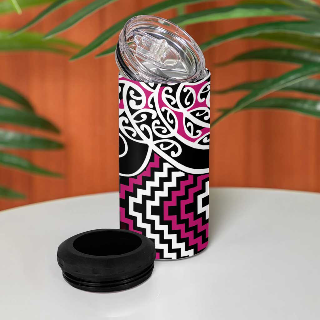 Pink Aotearoa Tukutuku Manawa Tapu 4 in 1 Can Cooler Tumbler Ta Moko Toi Maori