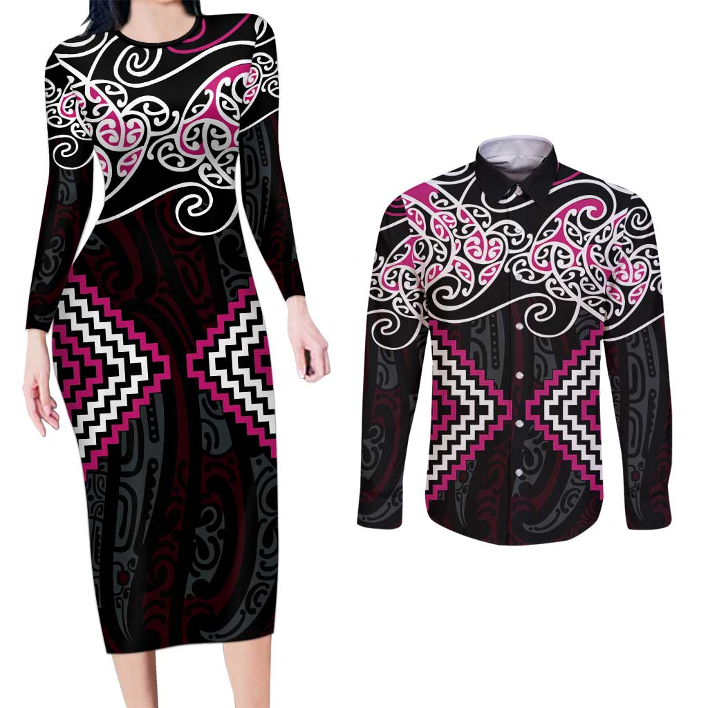 Pink Aotearoa Tukutuku Manawa Tapu Couples Matching Long Sleeve Bodycon Dress and Long Sleeve Button Shirt Ta Moko Toi Maori