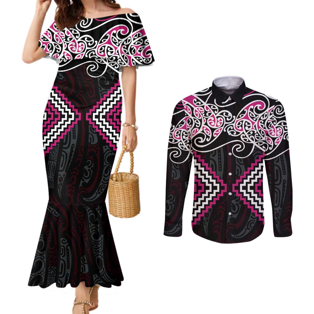 Pink Aotearoa Tukutuku Manawa Tapu Couples Matching Mermaid Dress and Long Sleeve Button Shirt Ta Moko Toi Maori