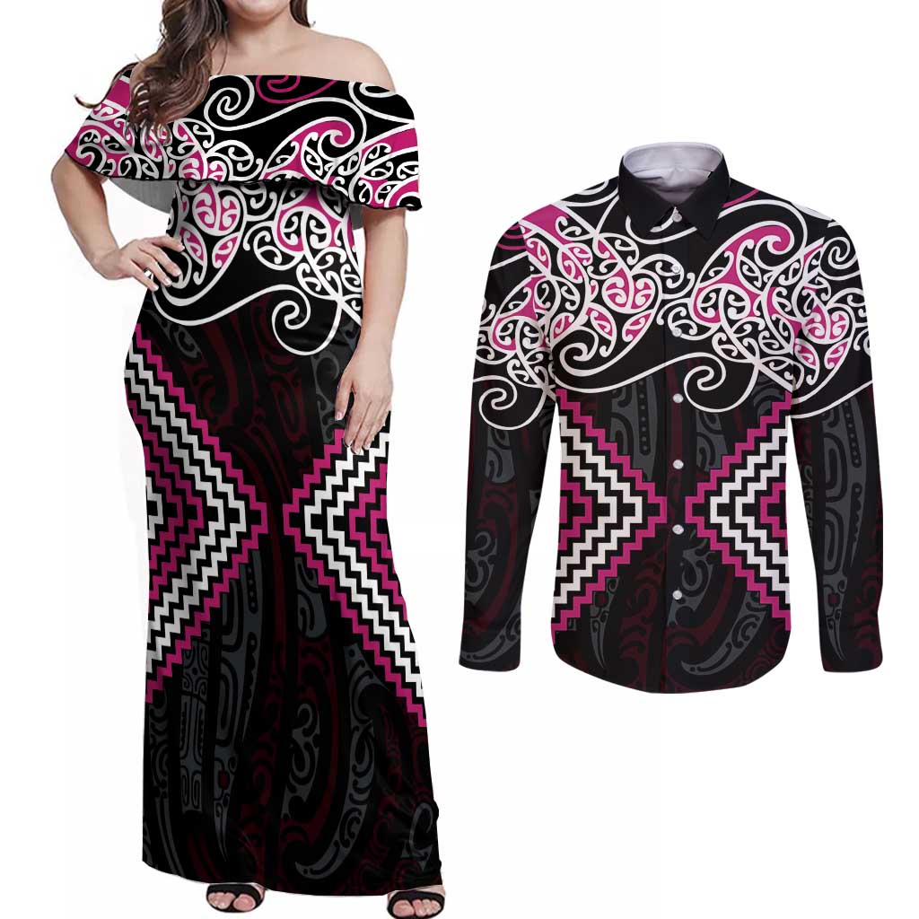 Pink Aotearoa Tukutuku Manawa Tapu Couples Matching Off Shoulder Maxi Dress and Long Sleeve Button Shirt Ta Moko Toi Maori