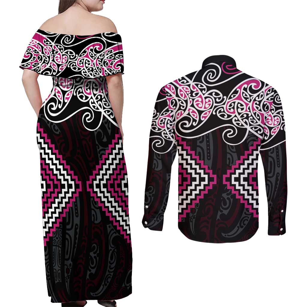 Pink Aotearoa Tukutuku Manawa Tapu Couples Matching Off Shoulder Maxi Dress and Long Sleeve Button Shirt Ta Moko Toi Maori LT9 - Polynesian Pride