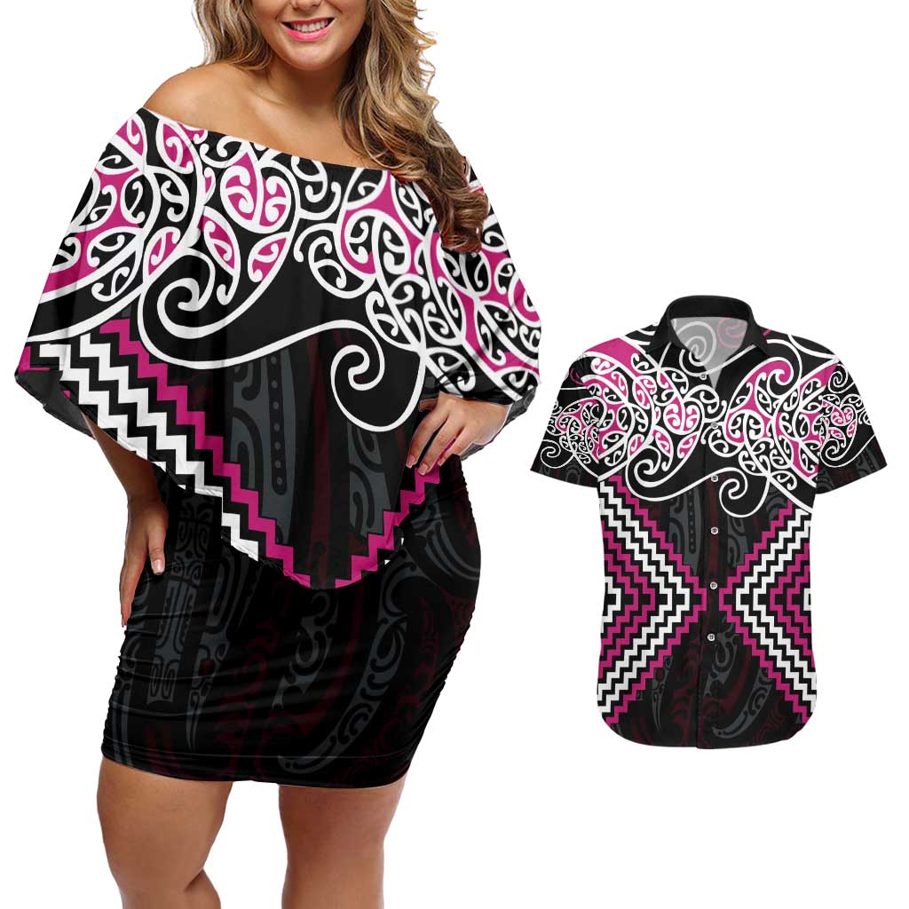 Pink Aotearoa Tukutuku Manawa Tapu Couples Matching Off Shoulder Short Dress and Hawaiian Shirt Ta Moko Toi Maori