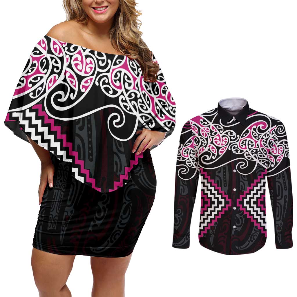 Pink Aotearoa Tukutuku Manawa Tapu Couples Matching Off Shoulder Short Dress and Long Sleeve Button Shirt Ta Moko Toi Maori