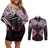 Pink Aotearoa Tukutuku Manawa Tapu Couples Matching Off Shoulder Short Dress and Long Sleeve Button Shirt Ta Moko Toi Maori LT9 Pink - Polynesian Pride