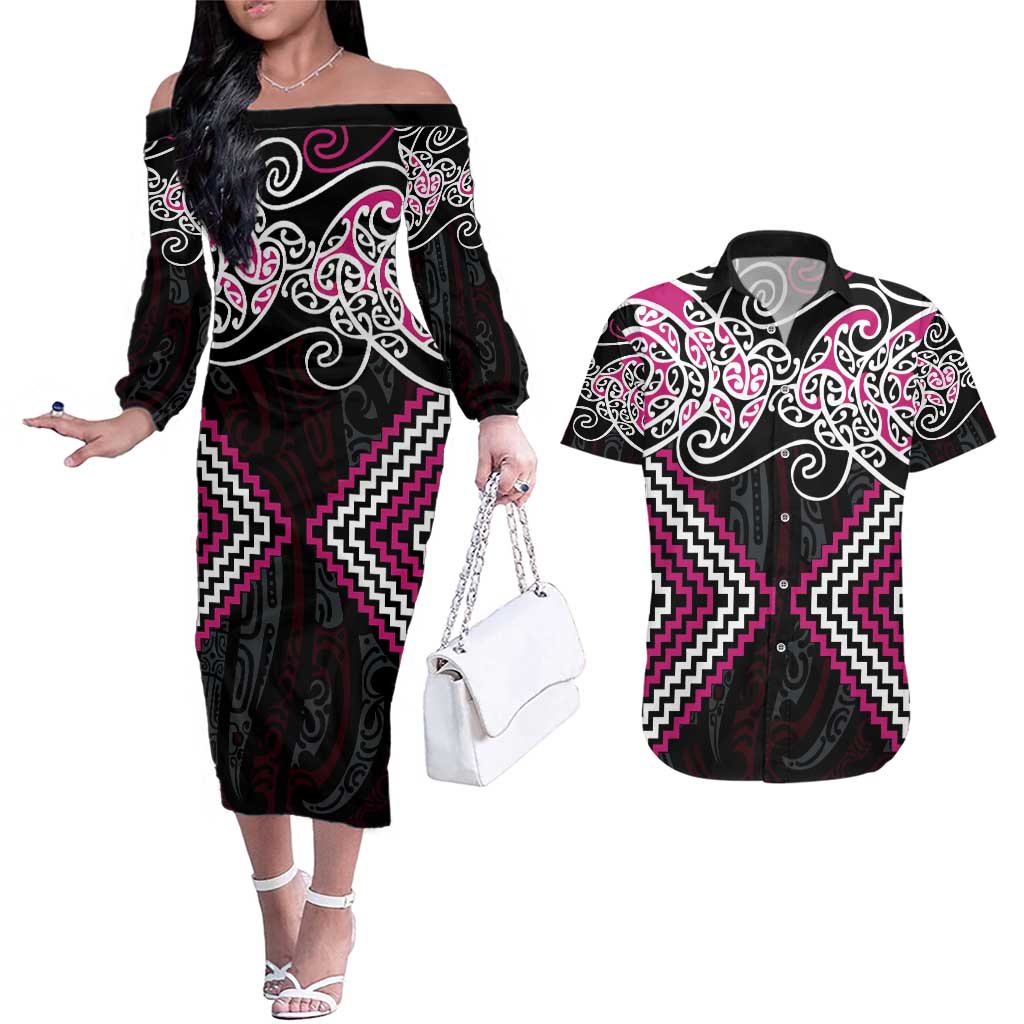 Pink Aotearoa Tukutuku Manawa Tapu Couples Matching Off The Shoulder Long Sleeve Dress and Hawaiian Shirt Ta Moko Toi Maori