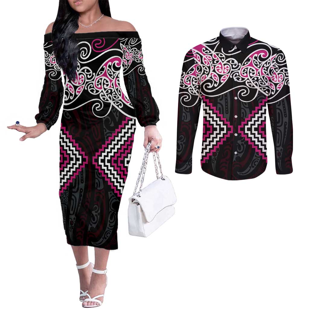 Pink Aotearoa Tukutuku Manawa Tapu Couples Matching Off The Shoulder Long Sleeve Dress and Long Sleeve Button Shirt Ta Moko Toi Maori