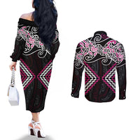 Pink Aotearoa Tukutuku Manawa Tapu Couples Matching Off The Shoulder Long Sleeve Dress and Long Sleeve Button Shirt Ta Moko Toi Maori LT9 - Polynesian Pride
