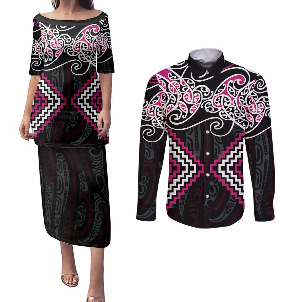 Pink Aotearoa Tukutuku Manawa Tapu Couples Matching Puletasi and Long Sleeve Button Shirt Ta Moko Toi Maori