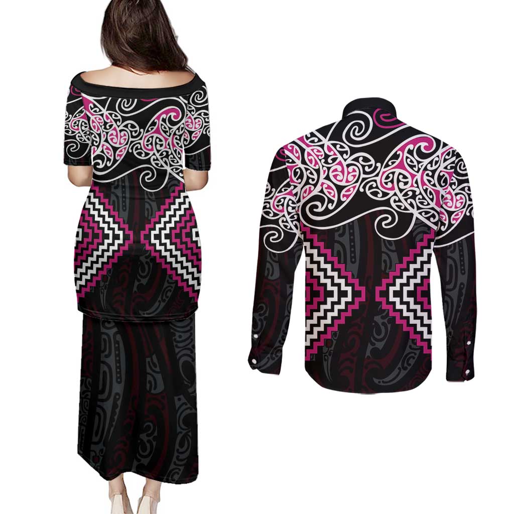 Pink Aotearoa Tukutuku Manawa Tapu Couples Matching Puletasi and Long Sleeve Button Shirt Ta Moko Toi Maori LT9 - Polynesian Pride