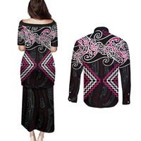 Pink Aotearoa Tukutuku Manawa Tapu Couples Matching Puletasi and Long Sleeve Button Shirt Ta Moko Toi Maori LT9 - Polynesian Pride