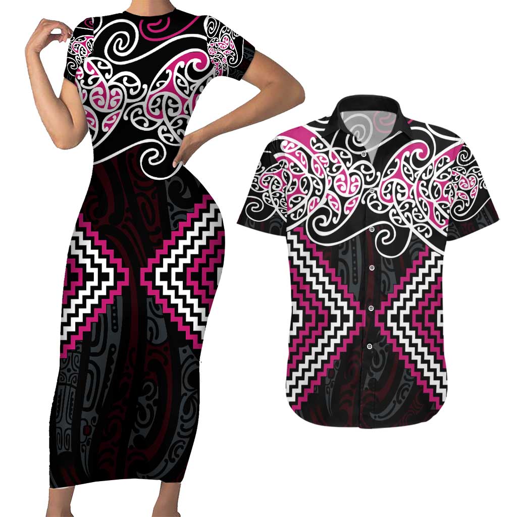 Pink Aotearoa Tukutuku Manawa Tapu Couples Matching Short Sleeve Bodycon Dress and Hawaiian Shirt Ta Moko Toi Maori