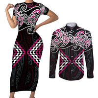 Pink Aotearoa Tukutuku Manawa Tapu Couples Matching Short Sleeve Bodycon Dress and Long Sleeve Button Shirt Ta Moko Toi Maori LT9 Pink - Polynesian Pride