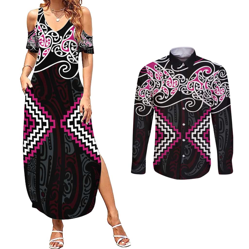 Pink Aotearoa Tukutuku Manawa Tapu Couples Matching Summer Maxi Dress and Long Sleeve Button Shirt Ta Moko Toi Maori