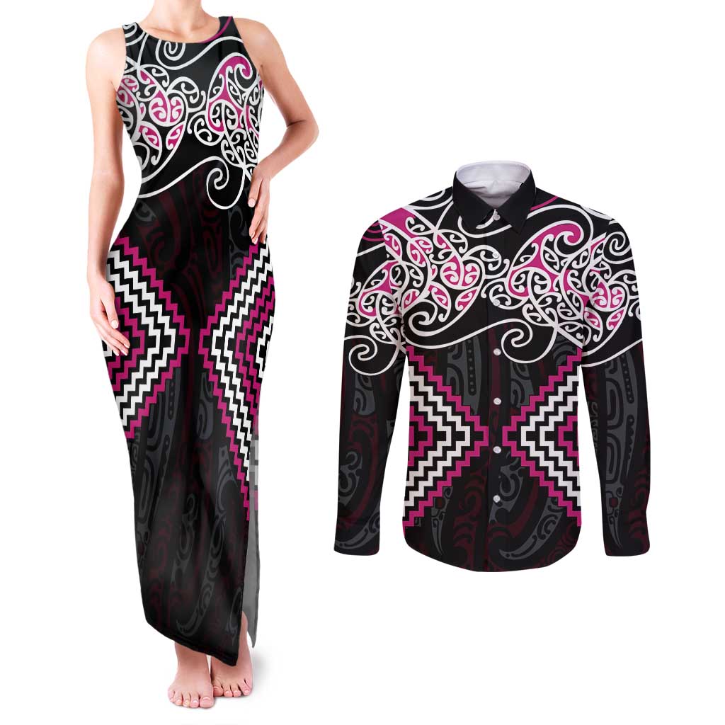 Pink Aotearoa Tukutuku Manawa Tapu Couples Matching Tank Maxi Dress and Long Sleeve Button Shirt Ta Moko Toi Maori