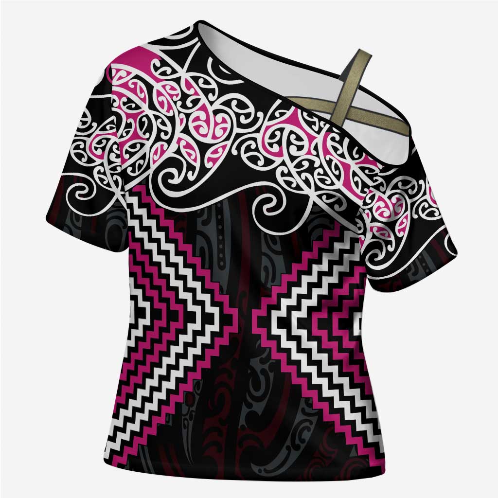 Pink Aotearoa Tukutuku Manawa Tapu Cross Shoulder Shirt Ta Moko Toi Maori - Polynesian Pride