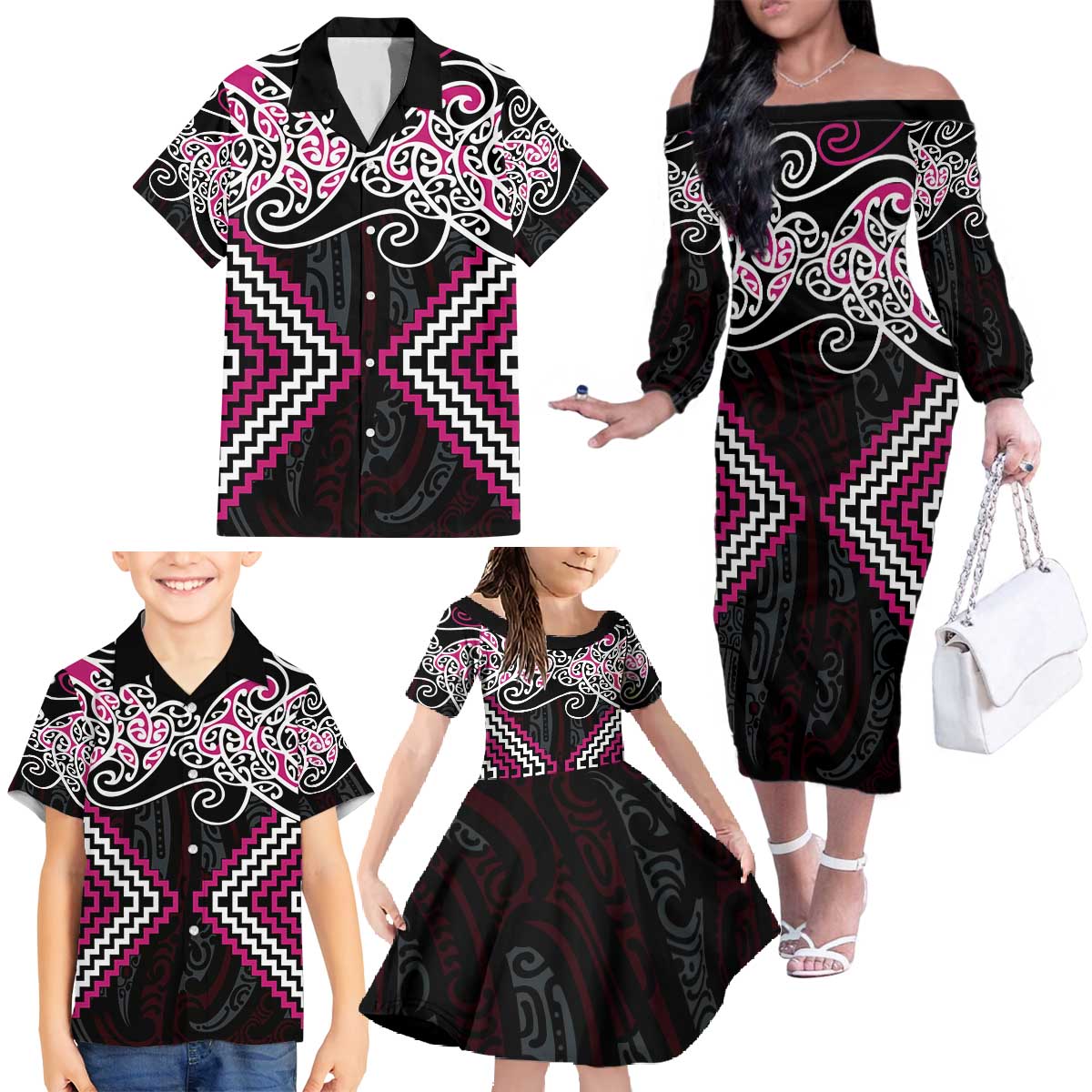 Pink Aotearoa Tukutuku Manawa Tapu Family Matching Off The Shoulder Long Sleeve Dress and Hawaiian Shirt Ta Moko Toi Maori