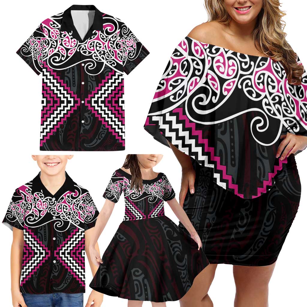 Pink Aotearoa Tukutuku Manawa Tapu Family Matching Off Shoulder Short Dress and Hawaiian Shirt Ta Moko Toi Maori