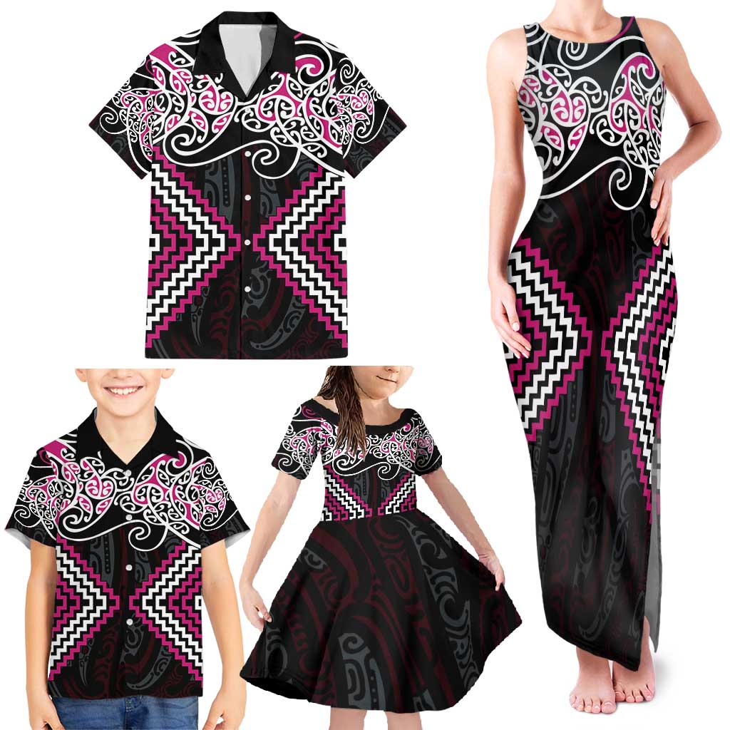 Pink Aotearoa Tukutuku Manawa Tapu Family Matching Tank Maxi Dress and Hawaiian Shirt Ta Moko Toi Maori