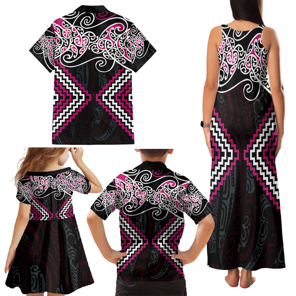 Pink Aotearoa Tukutuku Manawa Tapu Family Matching Tank Maxi Dress and Hawaiian Shirt Ta Moko Toi Maori