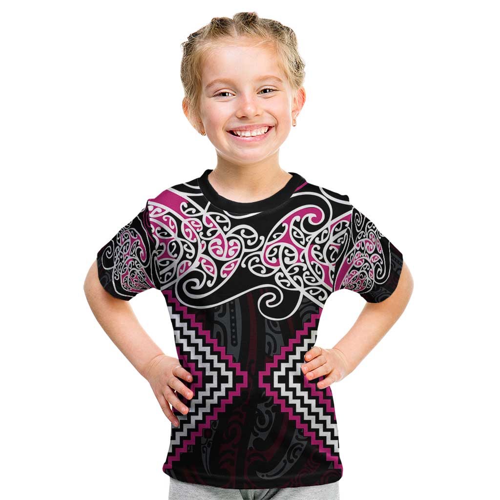 Pink Aotearoa Tukutuku Manawa Tapu Kid T Shirt Ta Moko Toi Maori