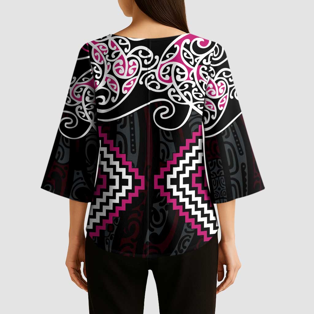 Pink Aotearoa Tukutuku Manawa Tapu Kimono Sleeve Blouse Ta Moko Toi Maori - Polynesian Pride