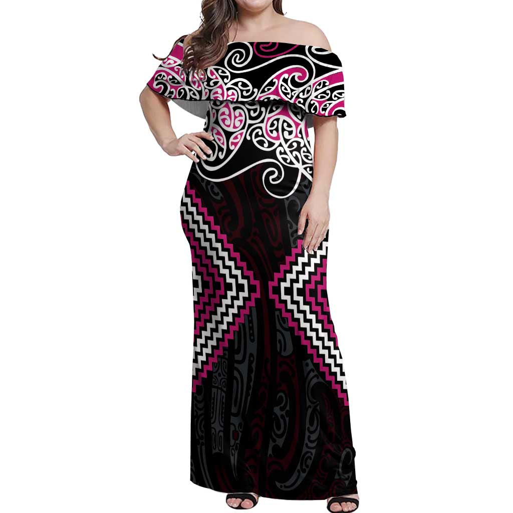 Pink Aotearoa Tukutuku Manawa Tapu Off Shoulder Maxi Dress Ta Moko Toi Maori