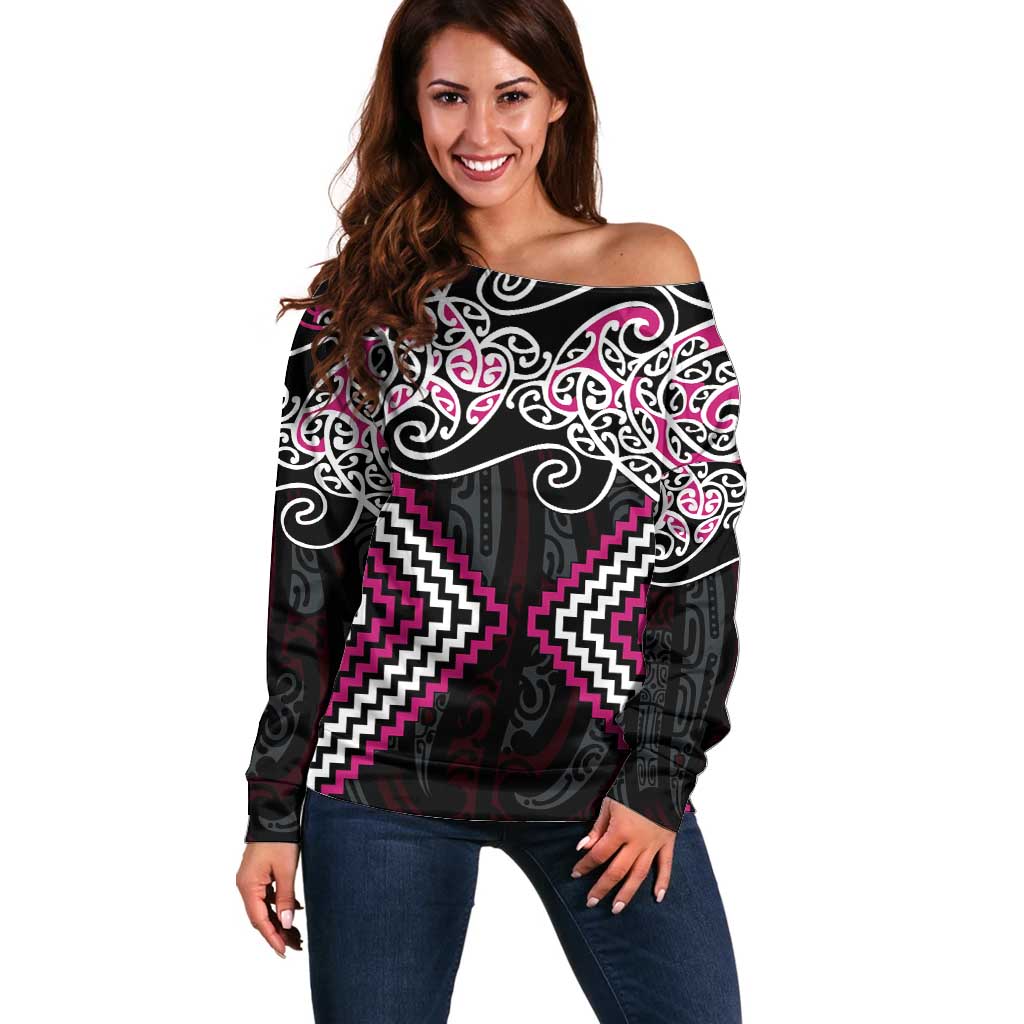 Pink Aotearoa Tukutuku Manawa Tapu Off Shoulder Sweater Ta Moko Toi Maori