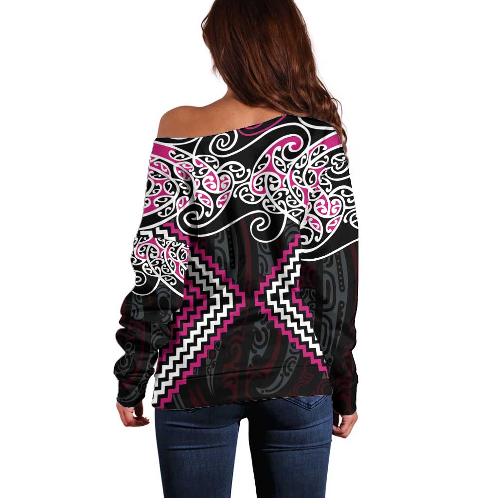 Pink Aotearoa Tukutuku Manawa Tapu Off Shoulder Sweater Ta Moko Toi Maori