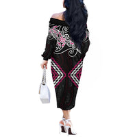 Pink Aotearoa Tukutuku Manawa Tapu Off The Shoulder Long Sleeve Dress Ta Moko Toi Maori LT9 - Polynesian Pride