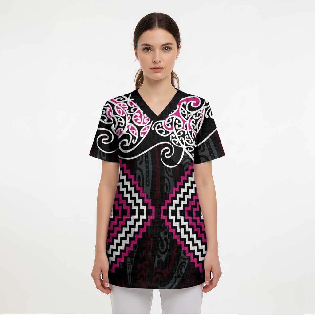 Pink Aotearoa Tukutuku Manawa Tapu Scrub Top Ta Moko Toi Maori - Polynesian Pride