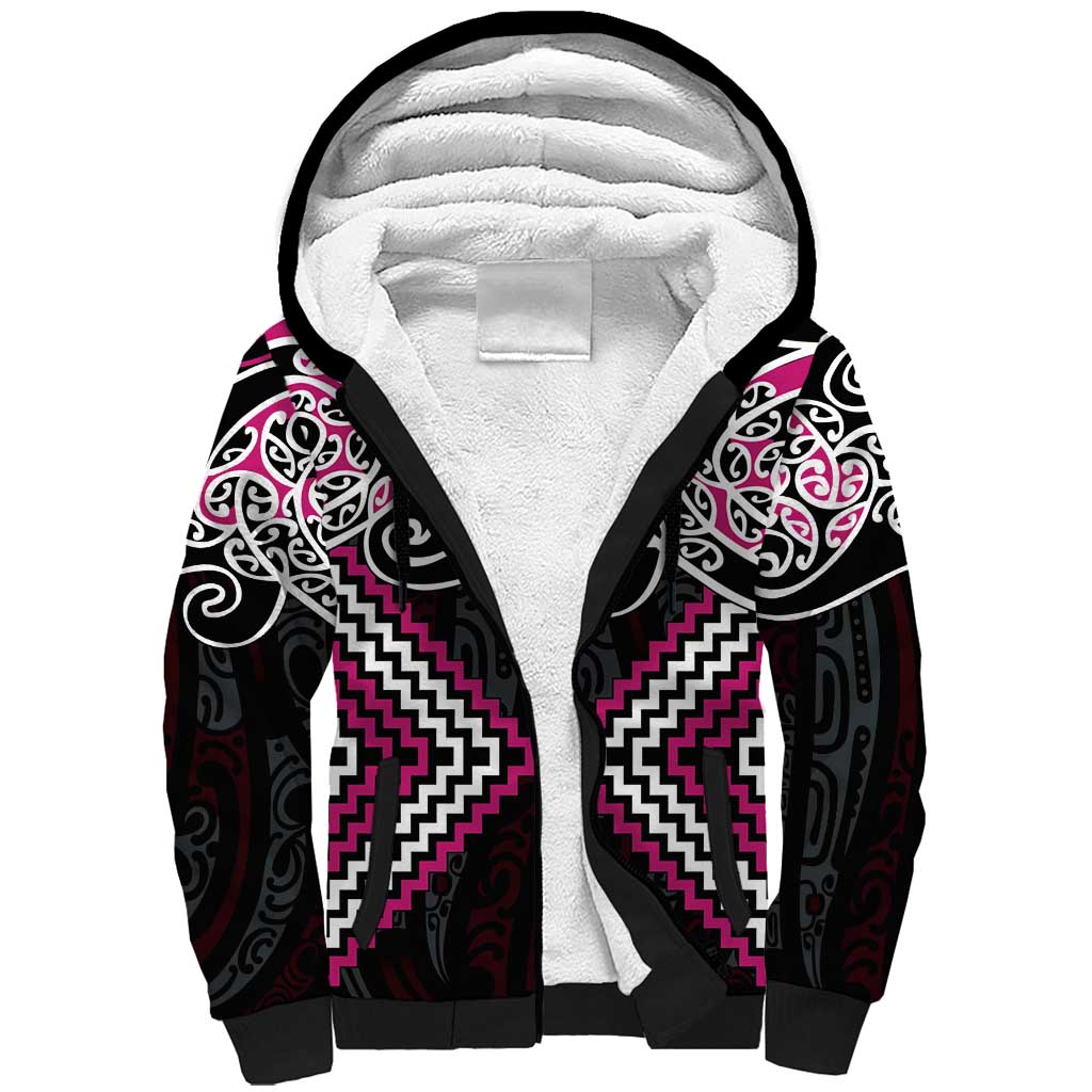 Pink Aotearoa Tukutuku Manawa Tapu Sherpa Hoodie Ta Moko Toi Maori