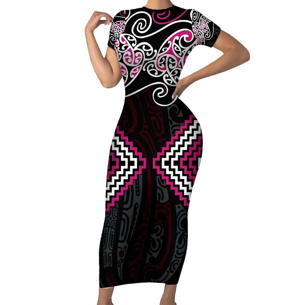 Pink Aotearoa Tukutuku Manawa Tapu Short Sleeve Bodycon Dress Ta Moko Toi Maori