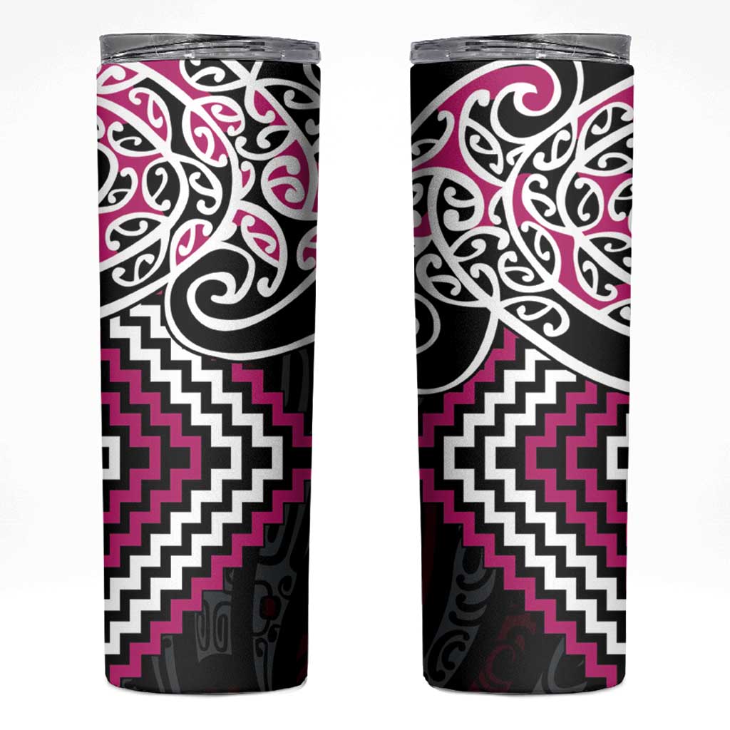 Pink Aotearoa Tukutuku Manawa Tapu Skinny Tumbler Ta Moko Toi Maori