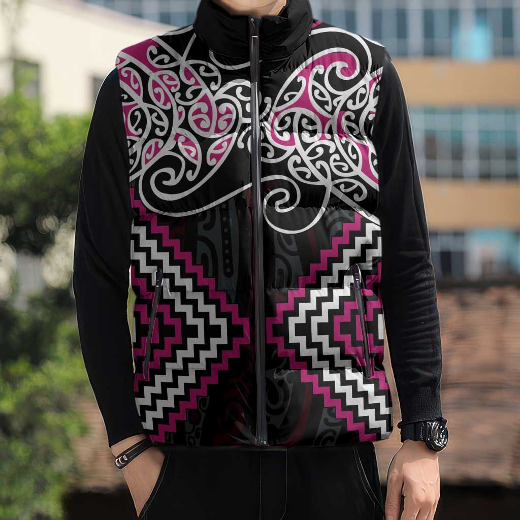 Pink Aotearoa Tukutuku Manawa Tapu Sleeveless Puffer Jacket Ta Moko Toi Maori - Polynesian Pride
