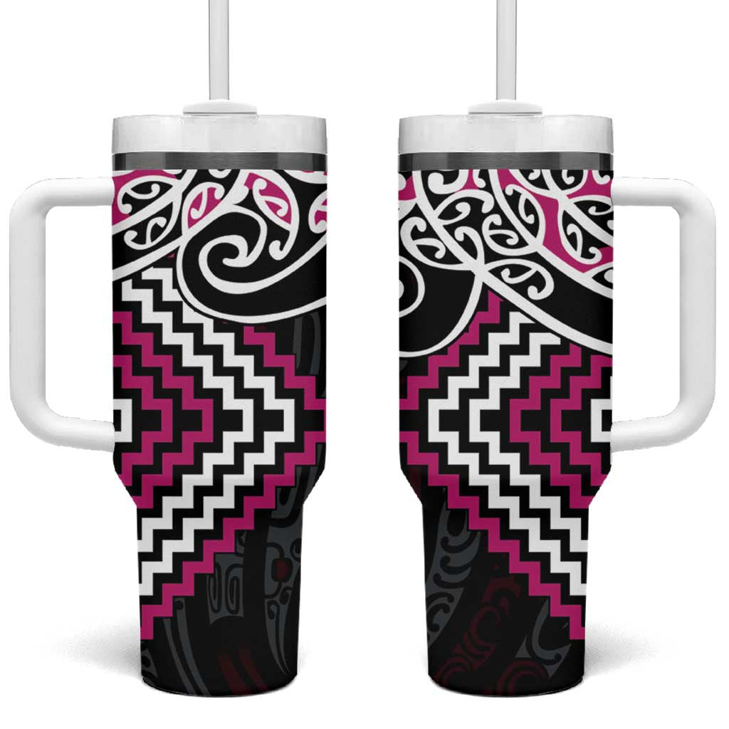 Pink Aotearoa Tukutuku Manawa Tapu Tumbler With Handle Ta Moko Toi Maori